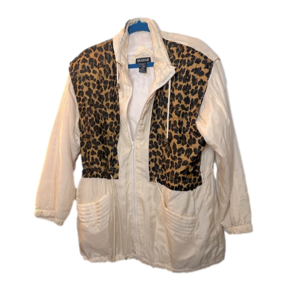 Braefair medium cream and cheetah animal print silk wind breaker vintage